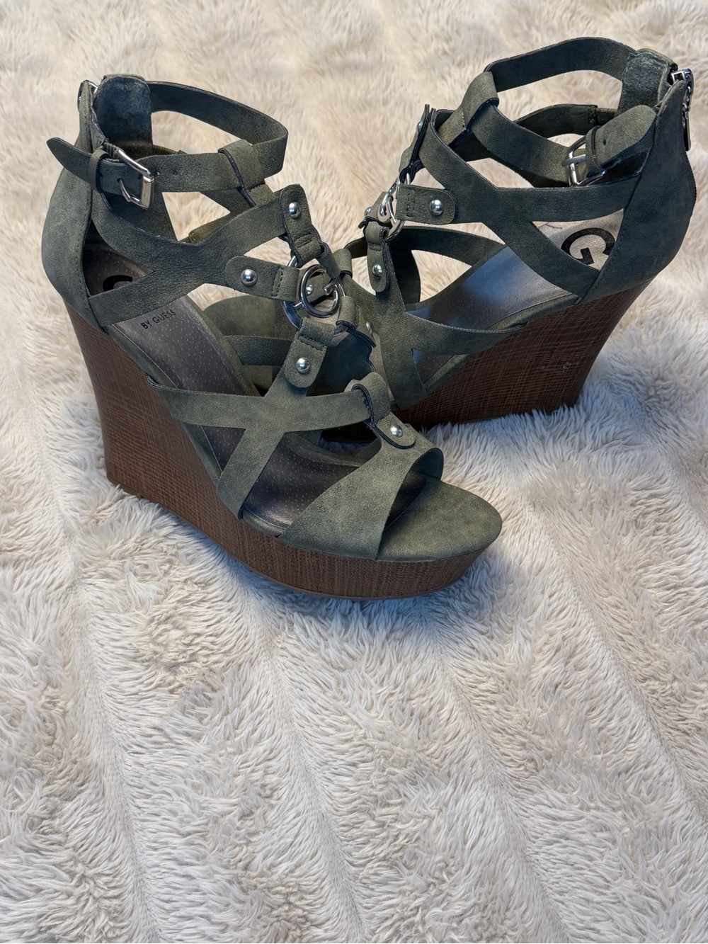 GUESS Women's Olive Green Strappy Wedge Sandals
